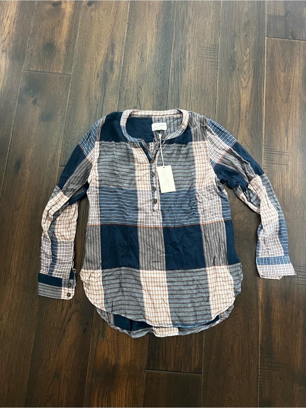 Plaid Button Henley Shirt - Blue & Cream